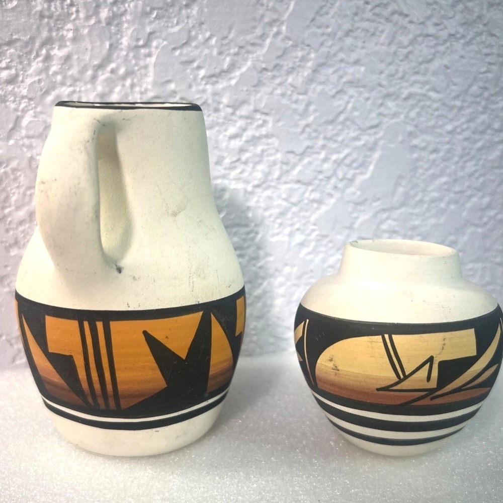 Southwest‎ Native American Style Pottery Vase & Pitcher Set Signed Handcrafted